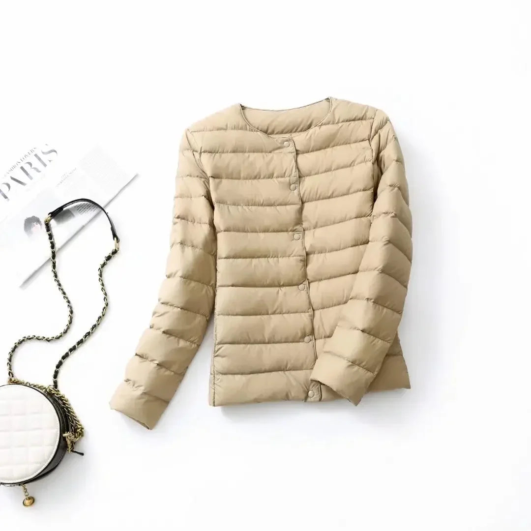 New Female Light Down Coat Women Liner Duck Down Jacket O-neck Variable V-neck 2024 Fall Collarless Light Quilted Puffer Coat LadyShow.Store