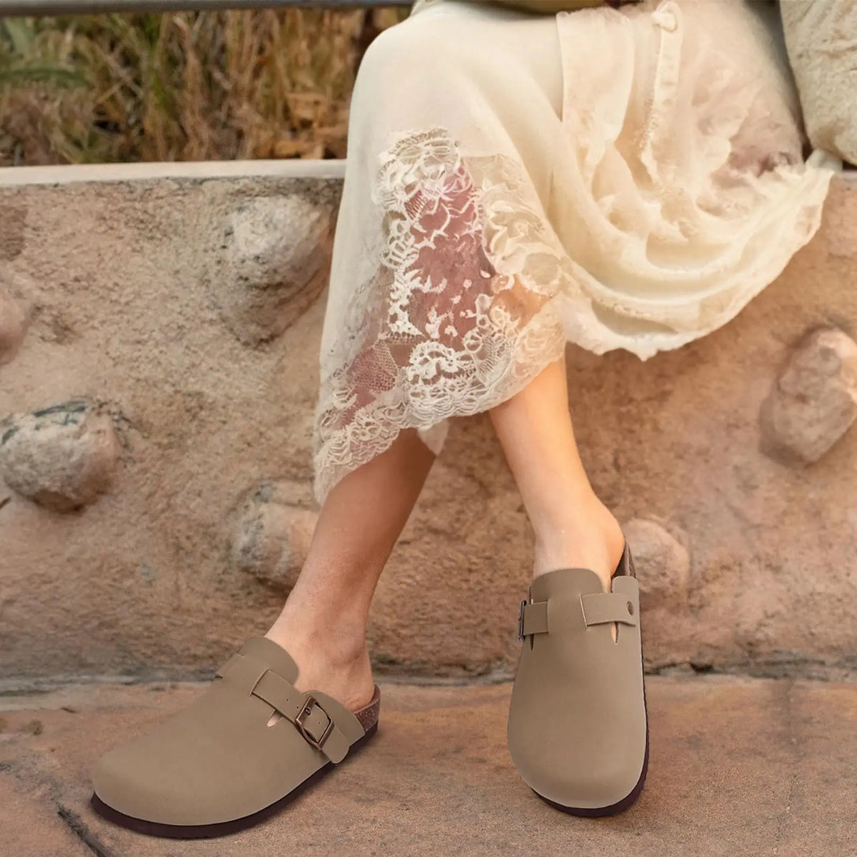 Comwarm Buckle Clogs For Women Men New Genuine Suede Clogs with Arch Support Soft Cork Footbed Mules Fashion Thick Beach Sandals Pi-Mart