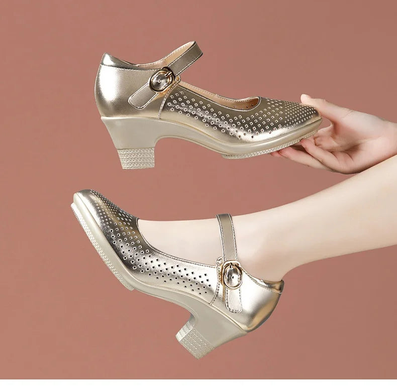 5.5cm 7.5cm Small Size 33 Breathable Cutout Block Heels Shoes Mary Janes 2026 Soft Leather Platform Pumps for Mom Dance Model Pi-Mart