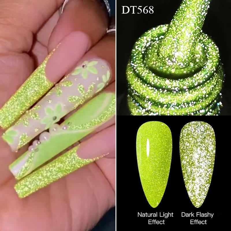MEET ACROSS 7ml Pink Fluorescent Reflective Gel Nail Polish Glitter Neon Semi Permanent UV LED Gel Nail Art Varnish Manicure Tri Light Beauty