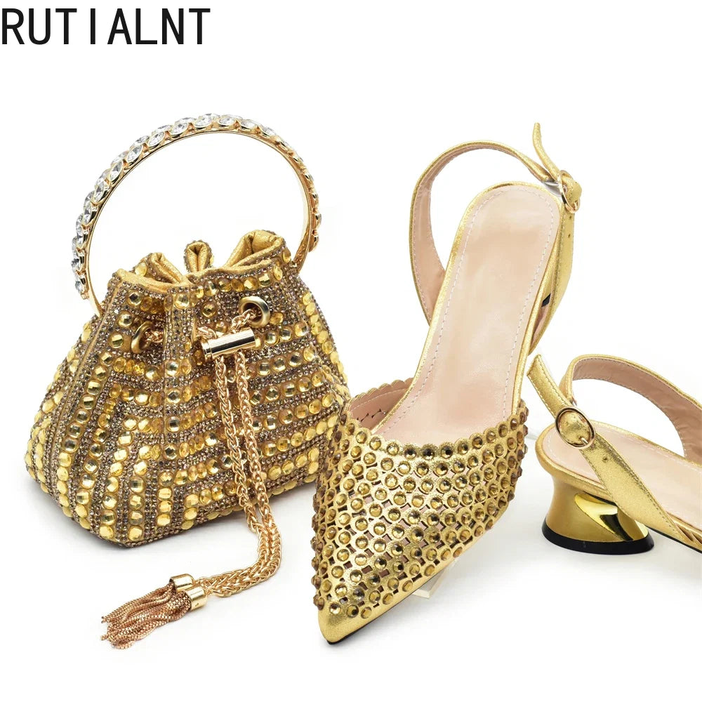 New Fashion Gold Color Shoes and Bags To Match Set Nigeria Party Women's Wedding Bag and Shoe Set Decorated with Rhinestone LadyShow.Store