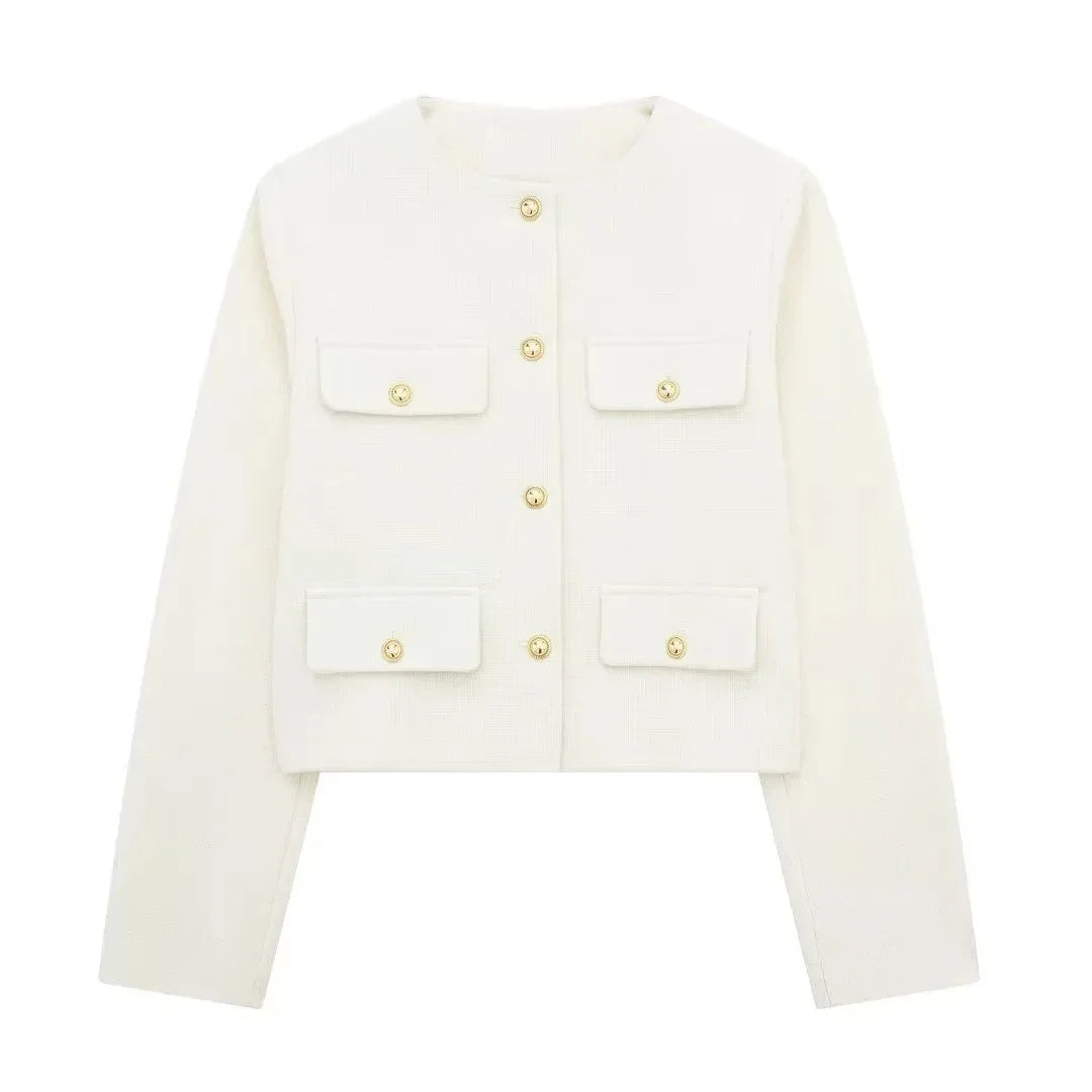 HH Women Vintage Solid Coat Button Long Sleeve O Neck Jacket With Pocket 2024 Spring Elegant Female Casual Outerwear Jakcet LadyShow.Store