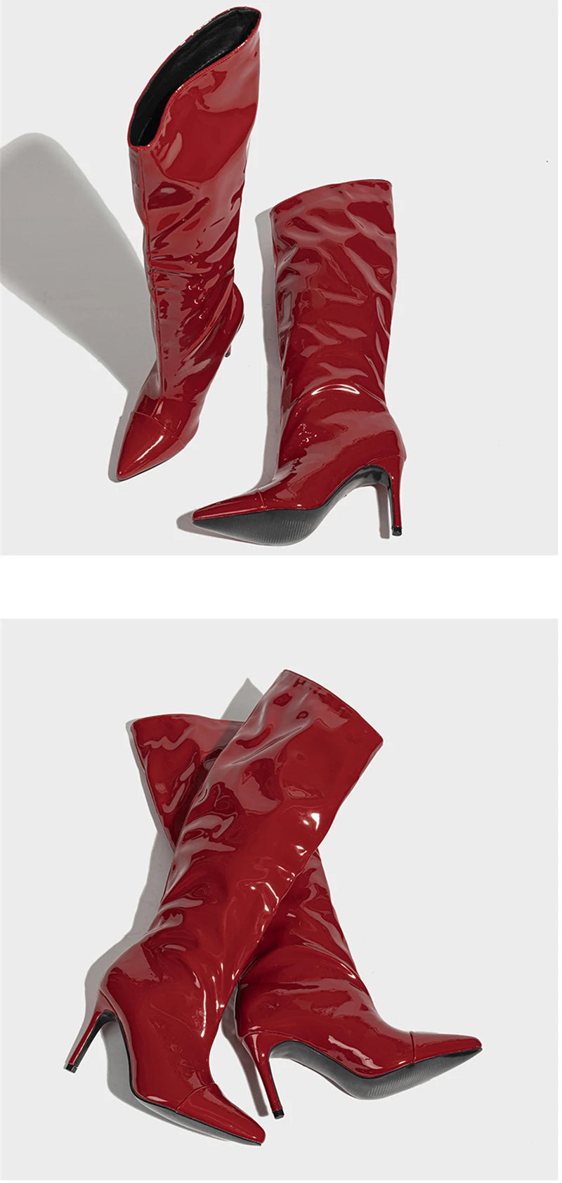 Liyke Fashion Runway Pleated Patent Leather Boots Female Pointed Toe Stiletto Heels Pumps Autumn Winter Knee High Shoes Women Pi-Mart