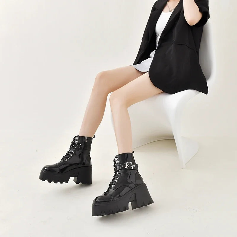 2024 Platform Thick Gothic Boots Lady Buckle Autumn Shoes Women Wedges Knee High Boots Punk Street  Motorcycle Chain Pi-Mart