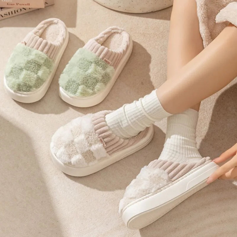 Fashion Couple Winter Slides Warm Plaid Fluffy Slippers Soft Sole Flip Flops For Women And Men Home Indoor Non-slip Cotton Shoes Pi-Mart