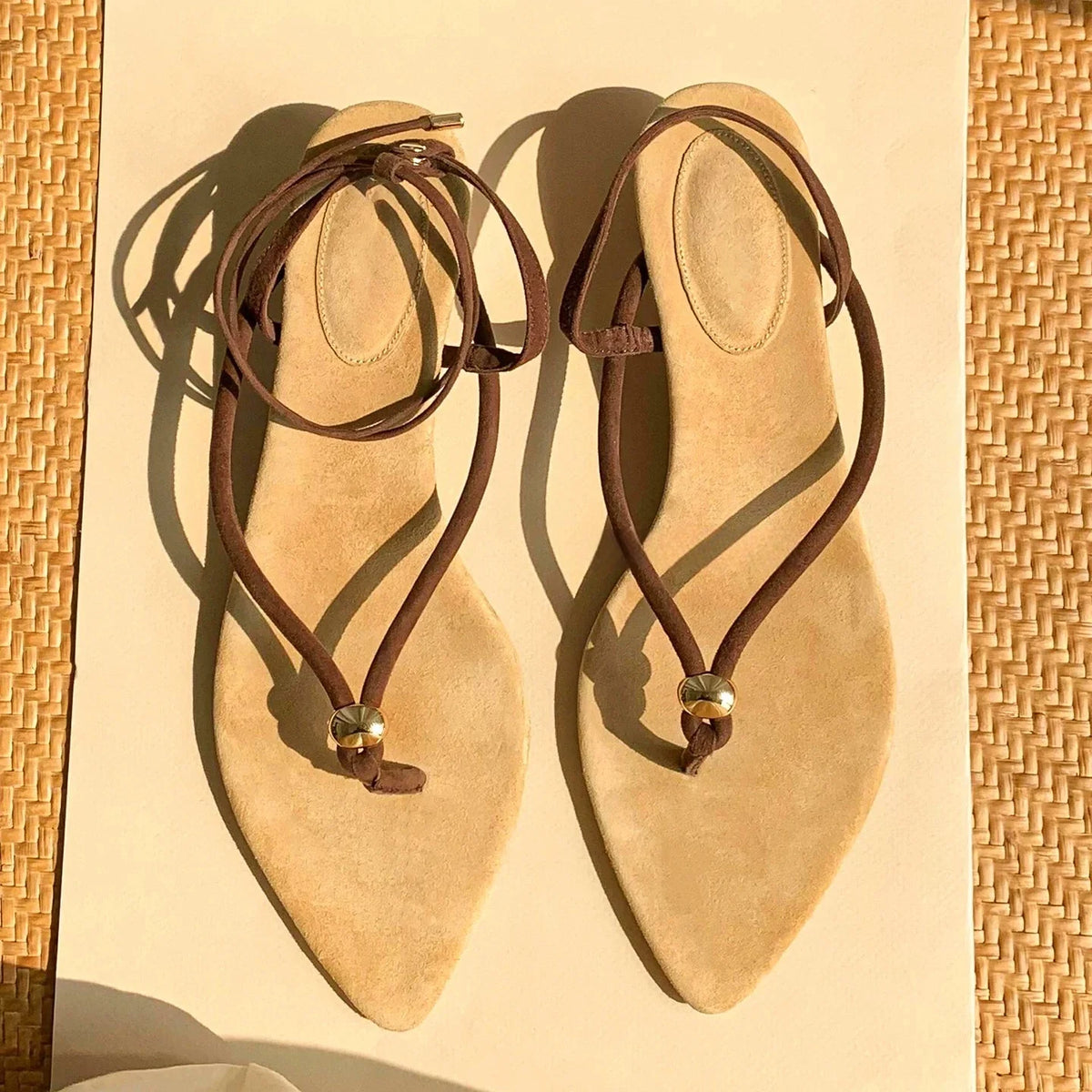 Women's Brown Lace-Up Thong Pointed Toe Wedge Heel Sandals Elegant Classic Clip-Toe Design Ladies Summer Retro Casual Shoes Pi-Mart