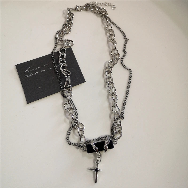 Punk Rock Black Heart Cross Pendant Chain Necklace For Men Women Cool Hip Hop Street Vintage 90s Y2K Grunge Goth Accessories Pi-Mart