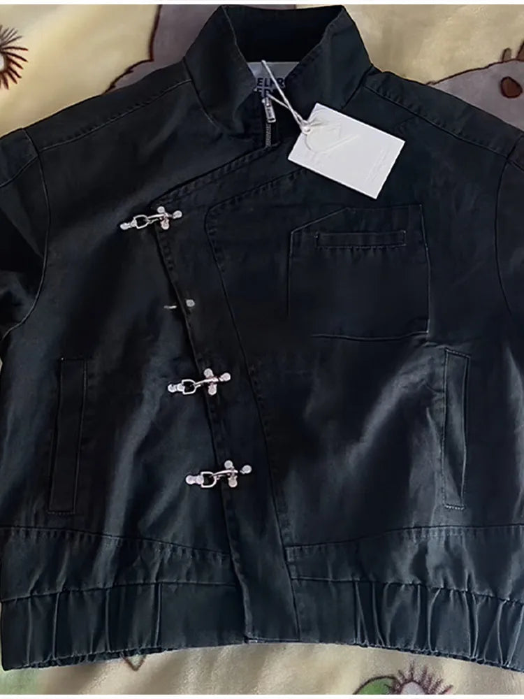 Stylish Girl Stand Collar Street Jacket Personality Button Zipper Solid Jacket Date Commuter Clothing Female New Casual Clothes Pi-Mart