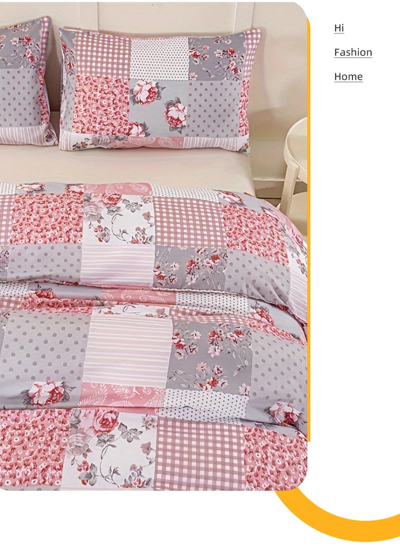 3pcs Splicing floral Pattern Duvet Cover Set, Soft Skin-Friendly Bedding Set Includes 1 Duvet Cover And 2 Pillowcases Pi-Mart