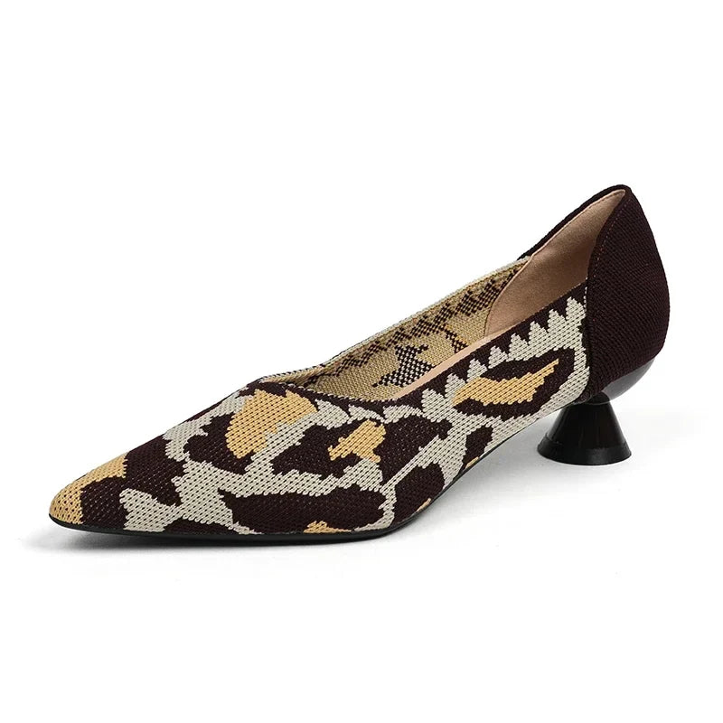 New Knitted Dress Shoes for Women Fashion Leopard Print Pointed Toe Shallow Designer Pumps Elegant Party Banquet Heels Ladies LadyShow.Store