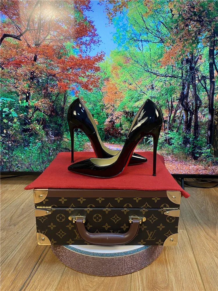 New Shallow Classic Patent Leather 12cm Fashionable and Versatile Work High Heels Nude 10cm Thin Heel Plus Size 33-46 LadyShow.Store