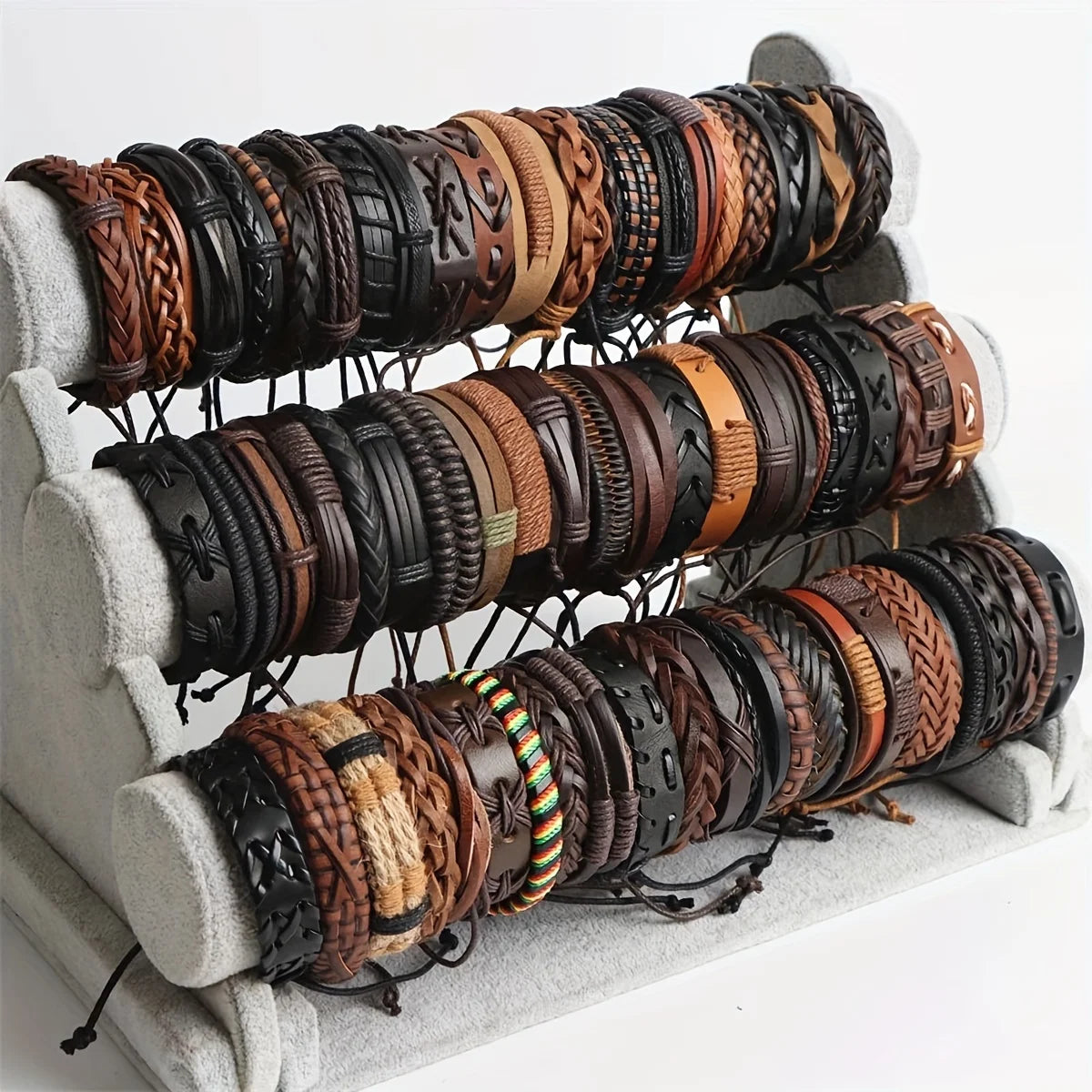 20Pcs Braided Leather Bracelets for Men Women Wrap Wood Beads Cuff Bracelet Hemp Cords Ethnic Tribal Handmade Wrap Wristband Bra Pi-Mart