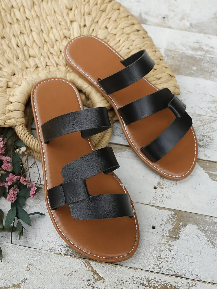 Women's Solid Color Slides, Lightweight Flat Slip On Walking Slides, Comfort Beach Slides Pi-Mart