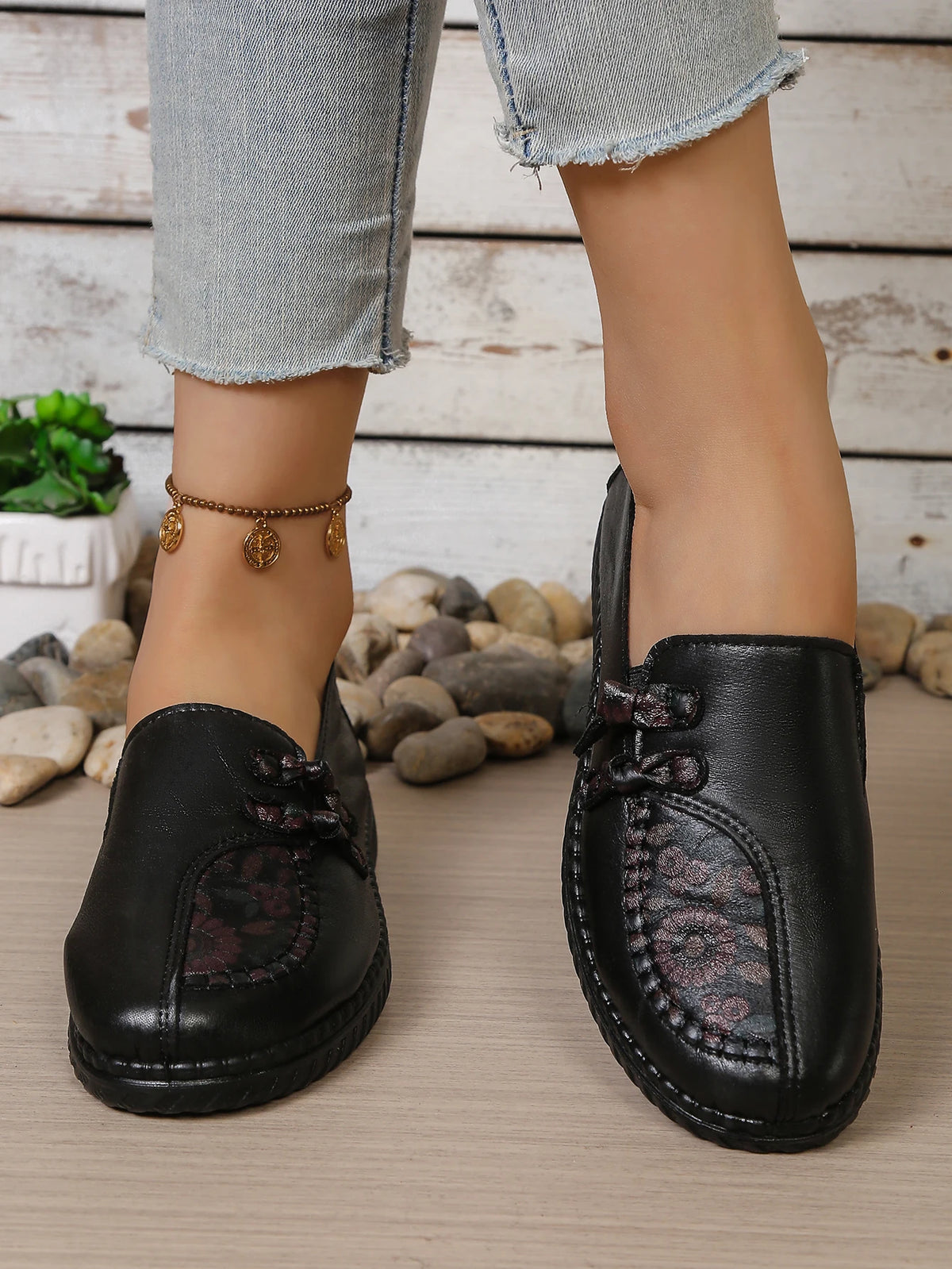 Women's Spring Autumn Leather Loafers Floral Embossed Slip‑On Flats Anti‑Slip Comfort Casual Mom Daily Walking Free Shipping Pi-Mart