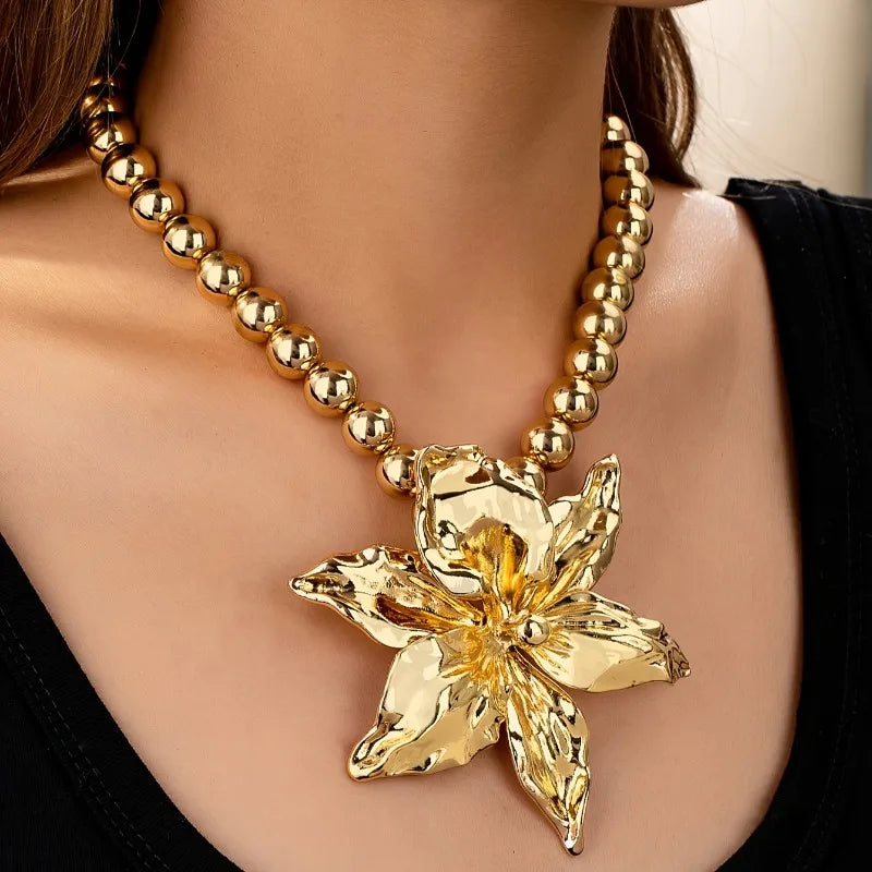 1pc Boho Beaded Chain Metal Large Volume Flower Pendant Necklace for Women Daily Occasion Party Evening Wear Pi-Mart