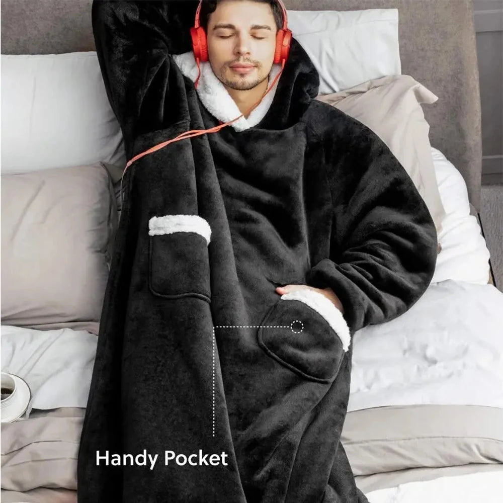 180cm Super Long Flannel Blanket Pyjamas with Sleeves Winter Hoodies Sweatshirt Women Men Pullover Fleece Giant Oversized Outdoo Pi-Mart