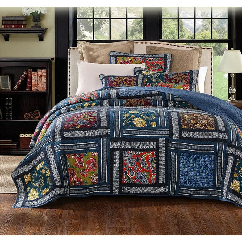 Vintage Patchwork Cotton Quilt Set 3PCS King/Queen - All-Season Thin Comforter Bedspread,Breathable Quilted Coverlet Bedding Pi-Mart