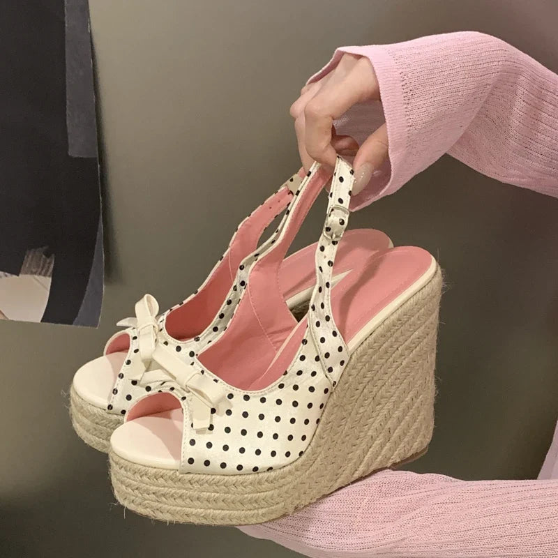 Aneikeh Summer Thick Soled Grass Woven High Heels Casual Retro Roman Sandals Polka Butterfly-kont Wedge Platform Woman Sandals LadyShow.Store