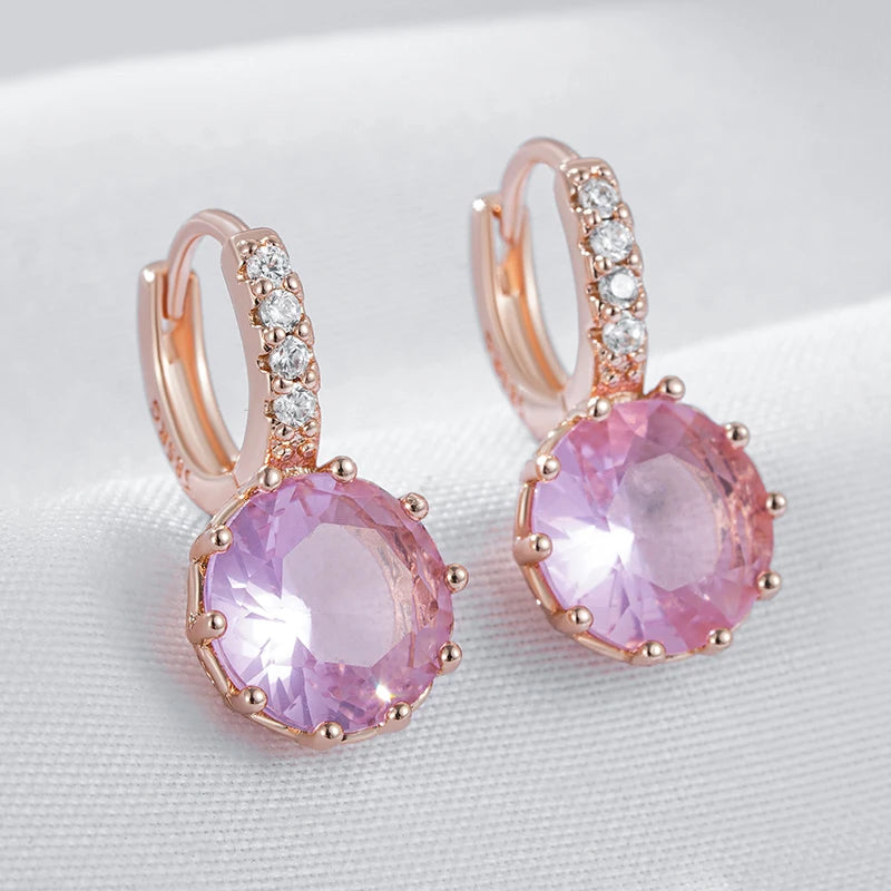 Kinel Hot Shiny Pink Natural Zircon Bride Drop Earrings for Women Fashion 585 Rose Gold Color High Quality Daily Fine Jewelry Pi-Mart