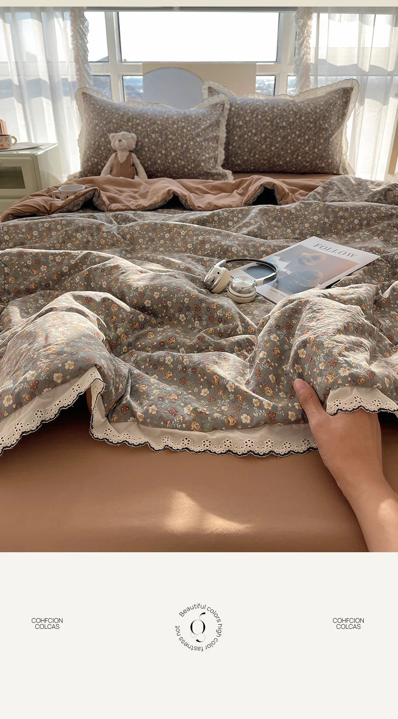 Summer Quilt Korean Style Duvet with Lace Single/Queen Size Comforter Flower Printed Quilted Blanket 여름이불 (No Pillowcase) Pi-Mart