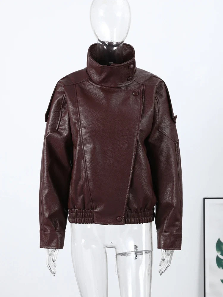 2026 Autumn Women's Faux Leather Jacket Brown Black Long Sleeve Stand Collar Thick Loose Lady Coat Fashion Motorcycle Streetwear LadyShow.Store