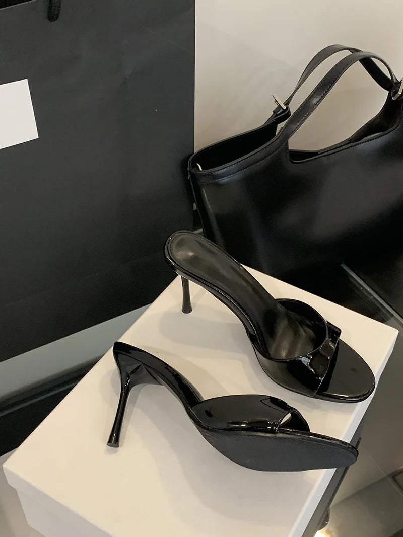 Liyke Wine Red Patent Leather Women Slippers Sandals Fashion Round Open Toe Thin High Heels Mules Slides Summer Party Dress Shoe Pi-Mart