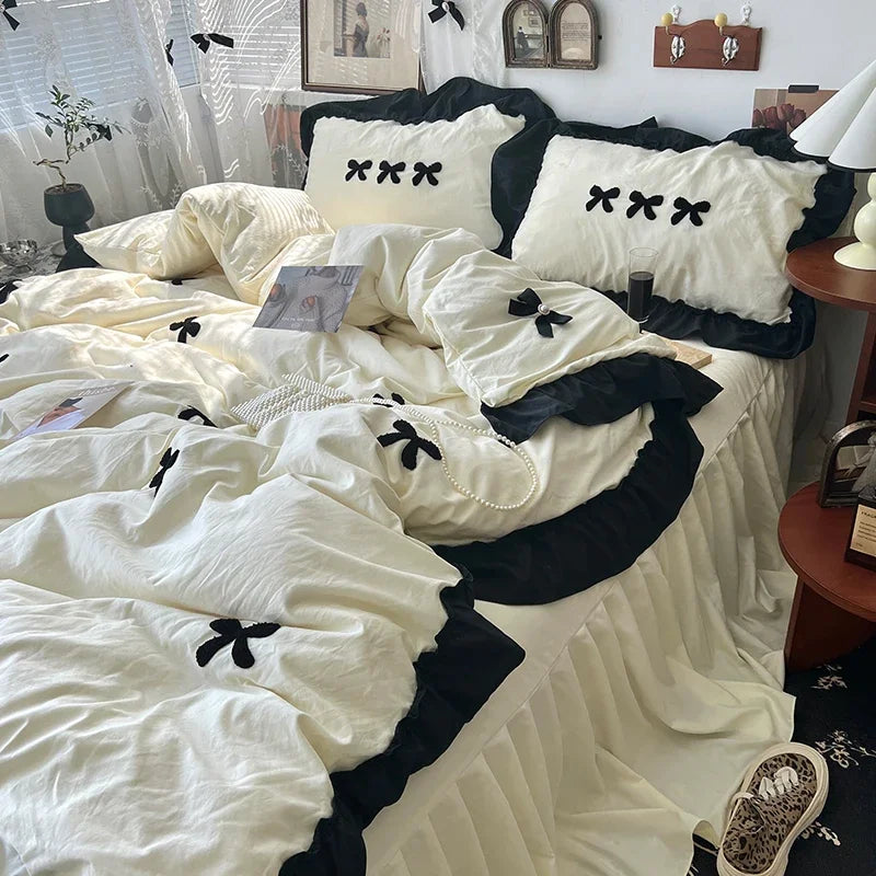 Black Bow Cotton Bedding Set, Princess Style Cute Girl Skin Friendly Soft Duvet Cover, Bed Sheet or Bed Skirt Pillowcase Pi-Mart