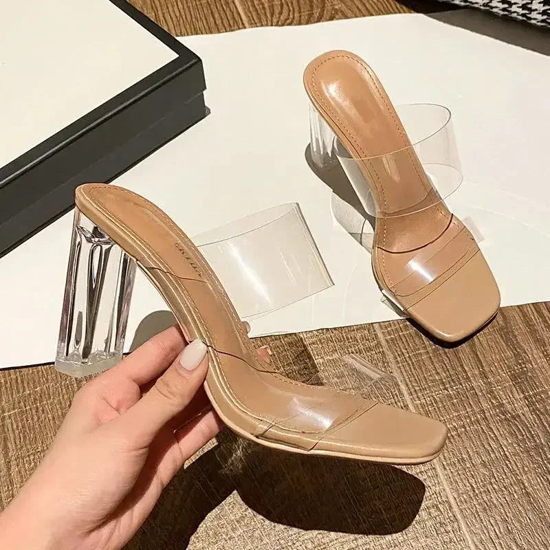 Summer Women Pumps Sandals 9cm Jelly Slippers Sexy Open Square Toe High Heels Women Transparent Slippers Shoe Heel Clear Sandals LadyShow.Store
