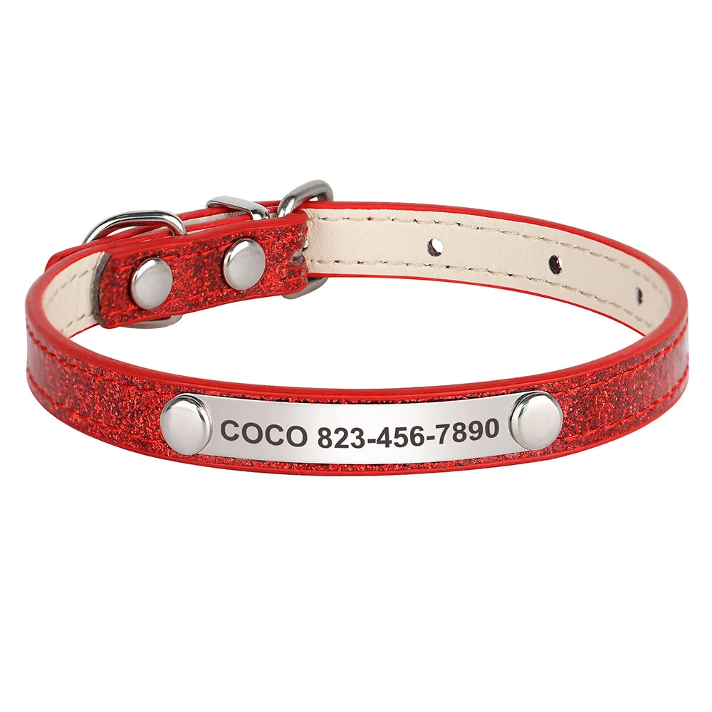 Personalized Cat Collar Custom Leather Cat Collars Free Engraved Puppy Kitten ID Necklace Bling Pet Collars for Small Dogs Cats Pi-Mart