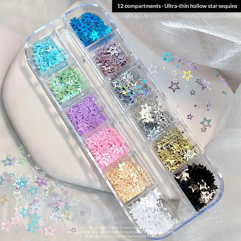*12 Grids Mixed Mini Circular Colorful Nail Glitter Wave Point Sequin Sparkling Flower DIY Nail Decoration Nail Charms Pi-Mart