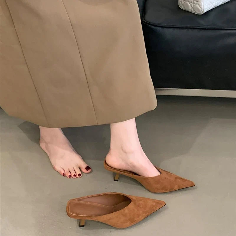 Summer Fashion Thin Mid Heels Women Slippers Elegant Pointed Toe Party Dress Mule Slides Shoes Zapatos Mujer LadyShow.Store