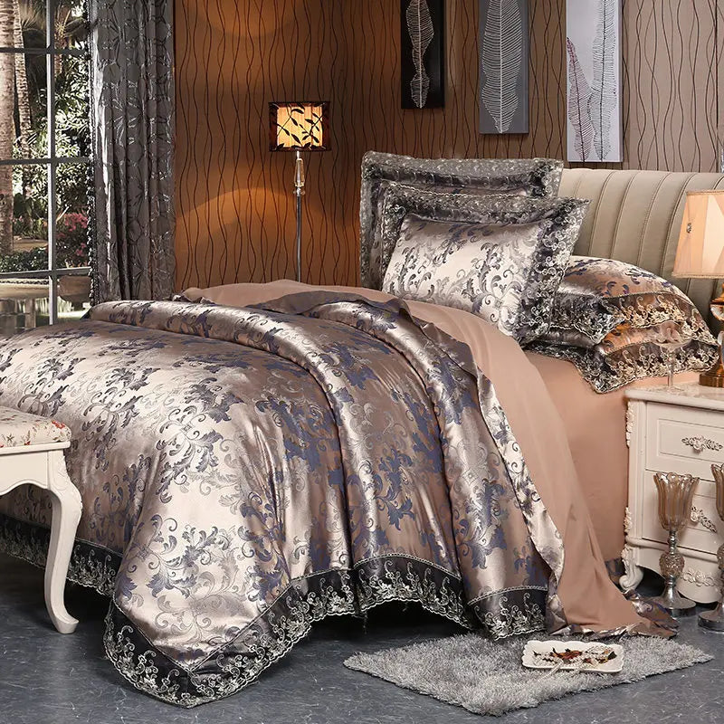 Luxury Jacquard Bedding Set Tencel Modal Duvet Cover 4PCS with Lace Satin Bed Sheet Pillowcases King and Queen Size Home Textile LadyShow.Store
