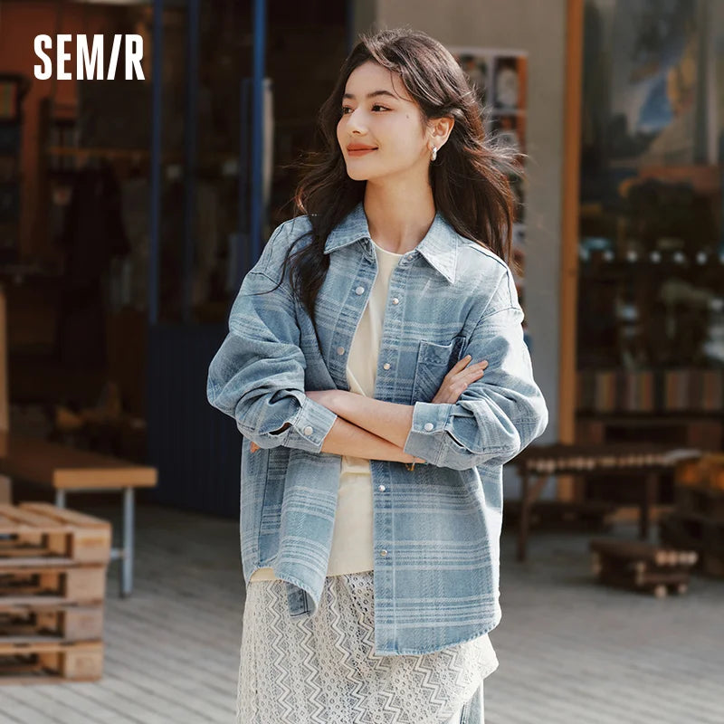 Semir Denim Shirt Women Oversize Spring 2025 New Spring Checkered Blouse Plaid Jacket LadyShow.Store