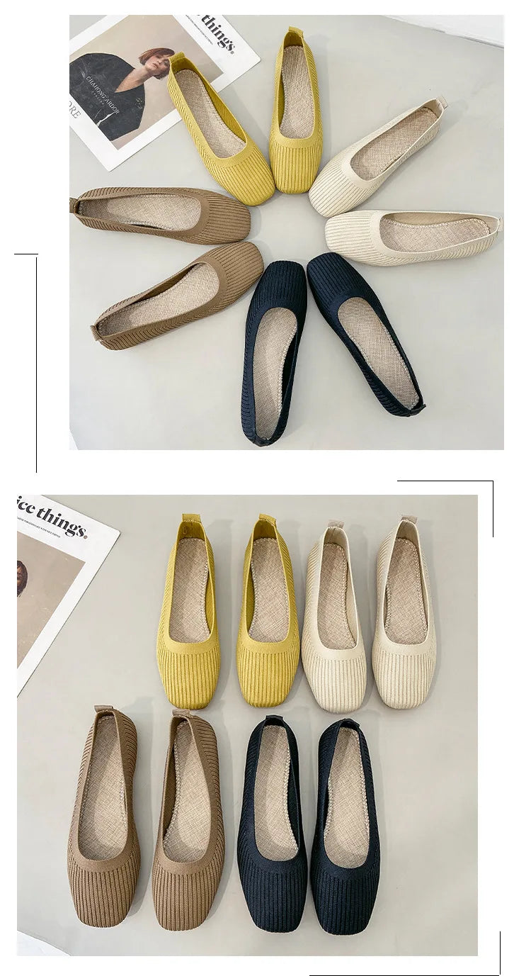 Women Leisure Flats Summer Autumn Flat Shoes Breathable Knitted Square Toe Slip-on Female Daily Walking Driving Loafers Pi-Mart