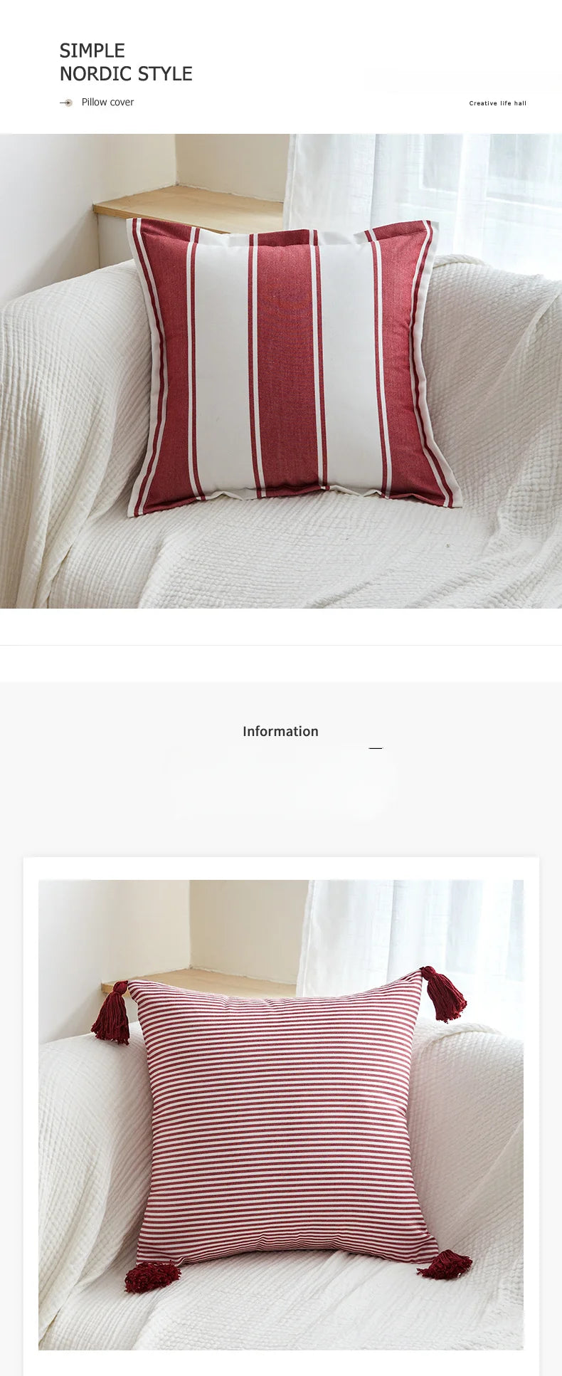 Classical Striped Cushion Cover 45x45cm Hawthorn Red Ivory Recycle Polyester Fabric Pillow Cover Indoor Outdoor Home Decoration Pi-Mart