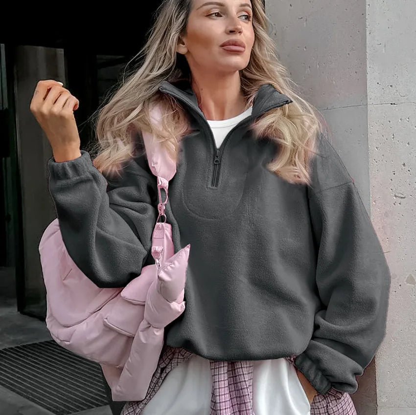 Women Autumn Winter Fleece Hoodies Elegant Stand Collar Zipper Loose Sweatshirt Elegant Solid Pullover Casual Top Streetwear LadyShow.Store