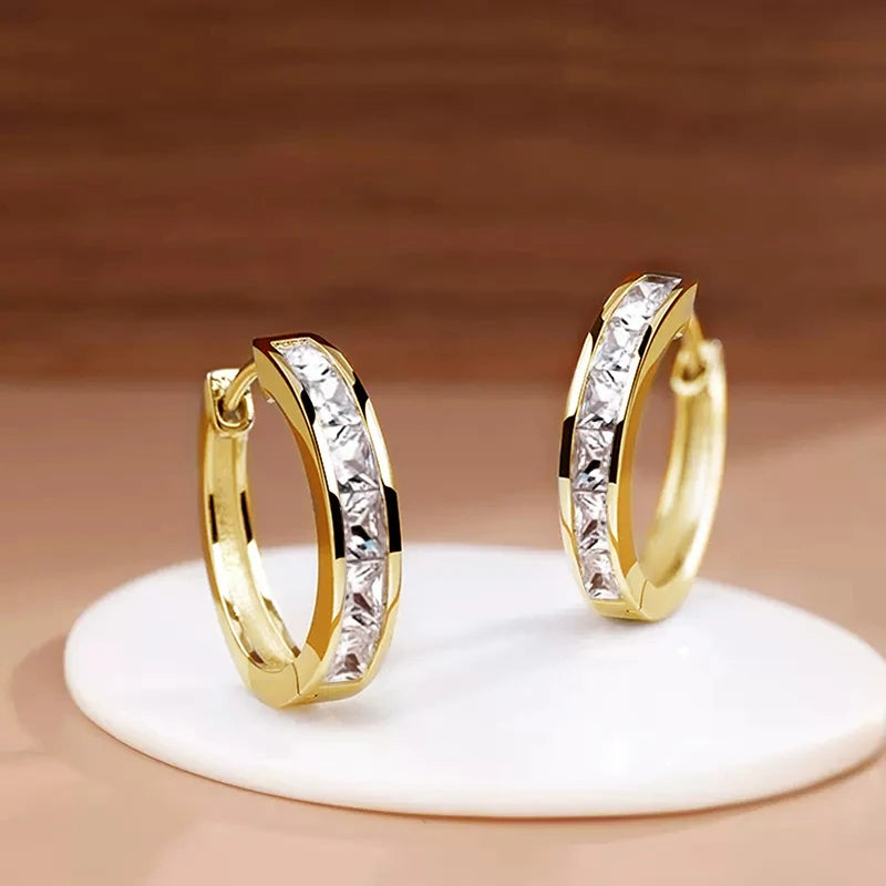 Huitan Hoop Earrings with Princess Cubic Zirconia Exquisite Ear Circle Earrings for Women Silver Color Fashion Versatile Jewelry Pi-Mart