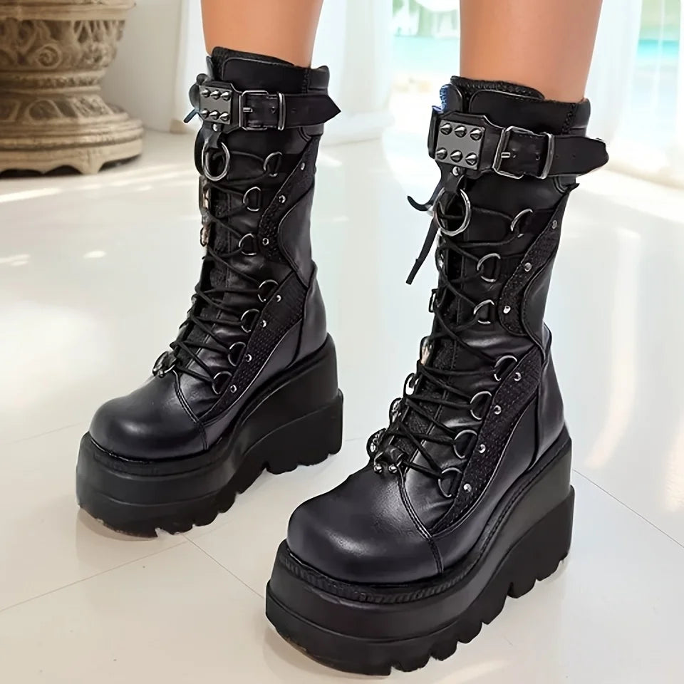 Brand New Ladies Goth Platform Boots Fashion Rivet Buckle Punk Wedges High Heels women's Boots Party Street Cosplay Woman Shoes Pi-Mart