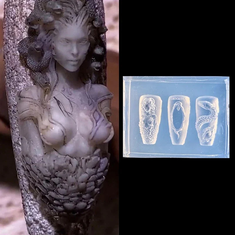 1 Pcs 3D Snake Girl Nail Silicone Carving Mold Snake DIY Nail Decoration Art Nail Beauty Charm Silicone Nail Mold Nails Products Tri Light Beauty