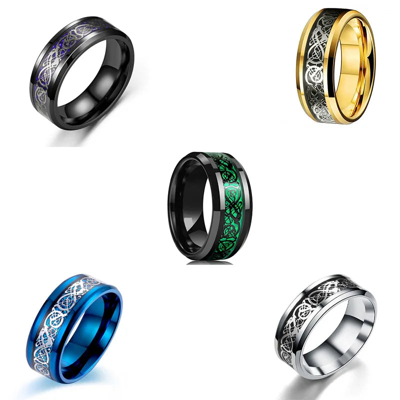 Classic 8mm Black Tungsten Wedding Celtic Dragon For Men Fashion Stainless Steel Red Carbon Fiber Ring Band Pi-Mart
