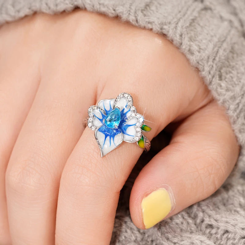 Huitan Gorgeous Creative Rings with Blue Flower Designed Elegant Temperament Party Jewelry for Women Delicate Finger Accessories Pi-Mart