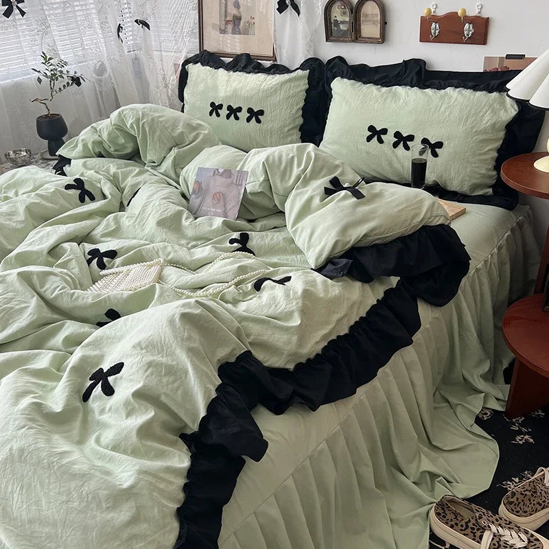 Black Bow Cotton Bedding Set, Princess Style Cute Girl Skin Friendly Soft Duvet Cover, Bed Sheet or Bed Skirt Pillowcase Pi-Mart