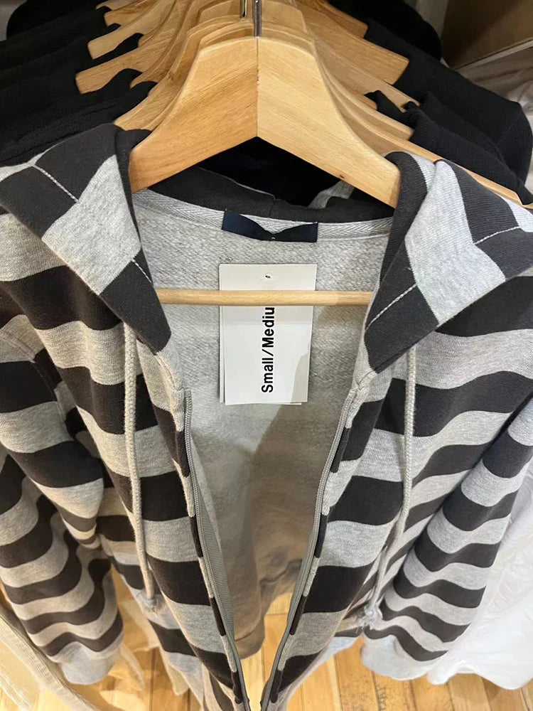 Striped Patchwork Zip-up Hoodie Autumn Cotton Pocket Drawstring Hooded Sweatshirt Women Y2k Streetwear Vintage Loose Tops Jacket LadyShow.Store