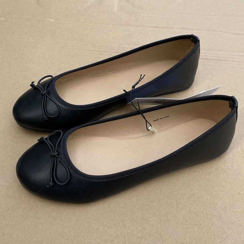 Aneikeh Spring Autumn Elegant Bowknot Ballerina Flat Women's Round Toe Comfort Slip-On Loafers Black Leather Mules Ladies Shoes Pi-Mart