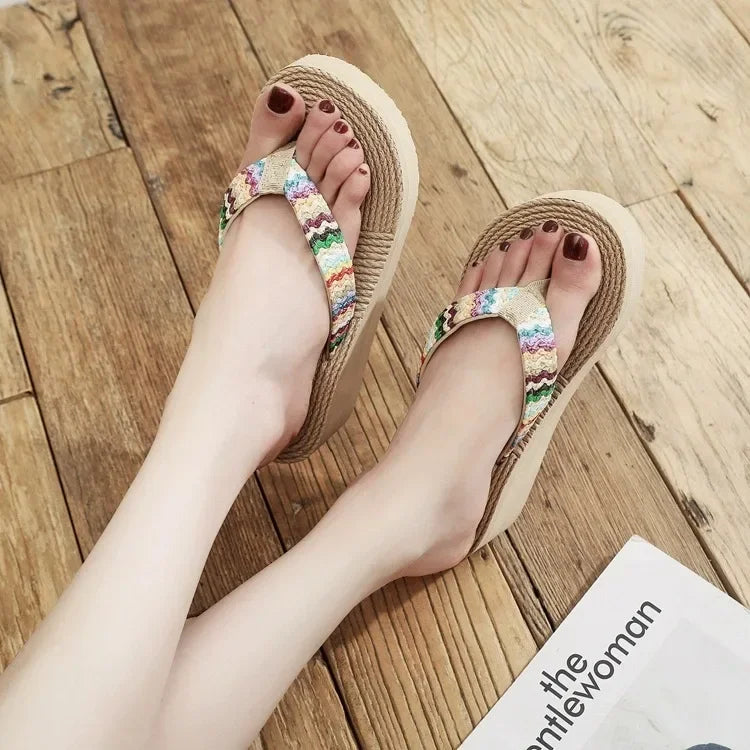 Women's Fashion Trend, Anti Slip, Wear-resistant, Comfortable Soft Bottom, Ethnic Style Flat Heel Flip Flops Pi-Mart