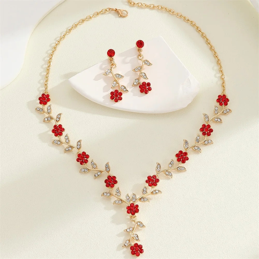 Sweet Jewelry Set Exquisite Rhinestone Pendant Banquet Party Women Fashion Romantic Crystal Necklace Earring Accessory Set Pi-Mart