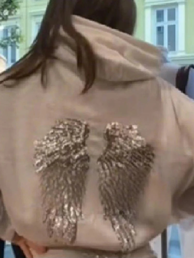 Women's Shinny Sequin Angel Wings Hooded Jacket Pant Long Sleeve Loose Casual Hooded Pullover 2025 New Lady Y2K Autumn Outwears LadyShow.Store