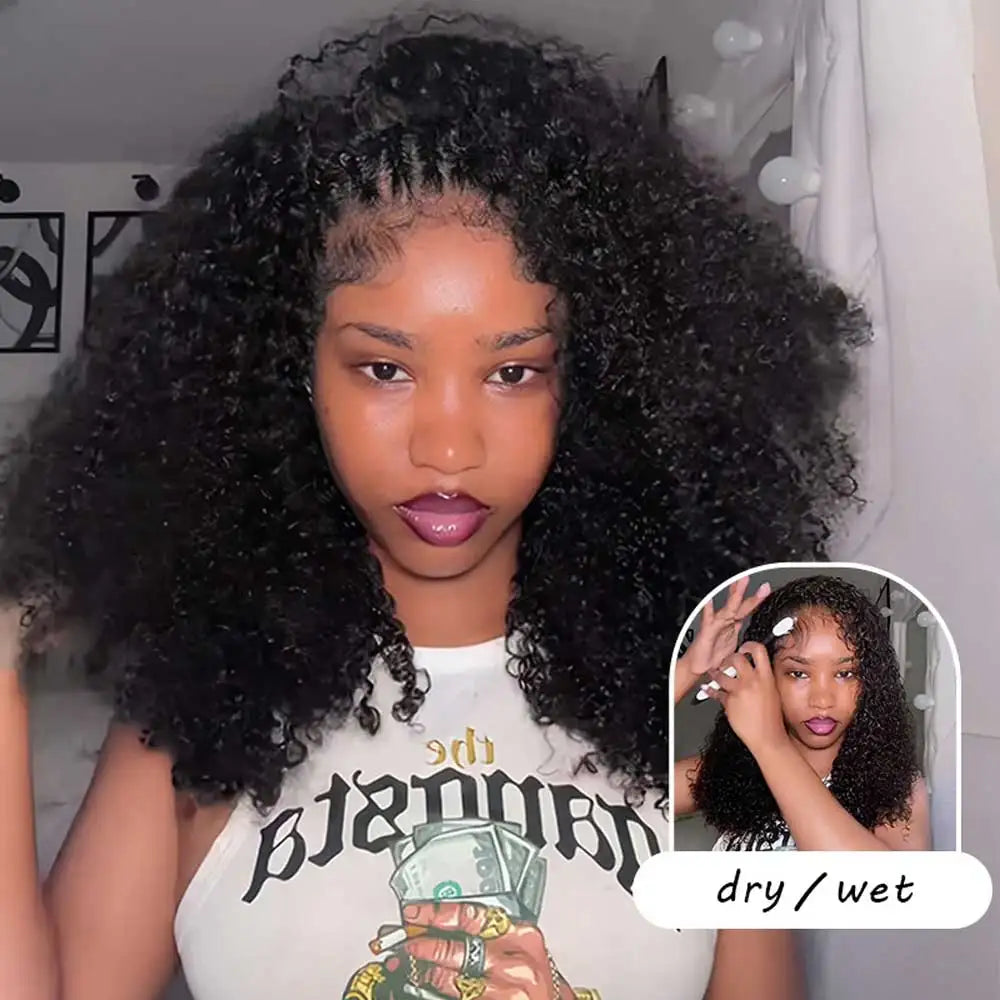 Jerry Curly Half Wig Human Hair Seamless Kinky Curly 3 In 1 Half Wig  Glueless  Heandband Clip In Wig No Sew In Black Color LadyShow.Store