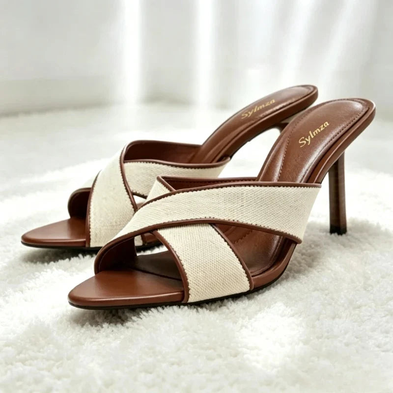 Brown Wide Cross-Tied Women Slippers Elegant Contrast Material Piping Mule Sandals for Ladies Sexy Pointed Open Toe High Heels LadyShow.Store