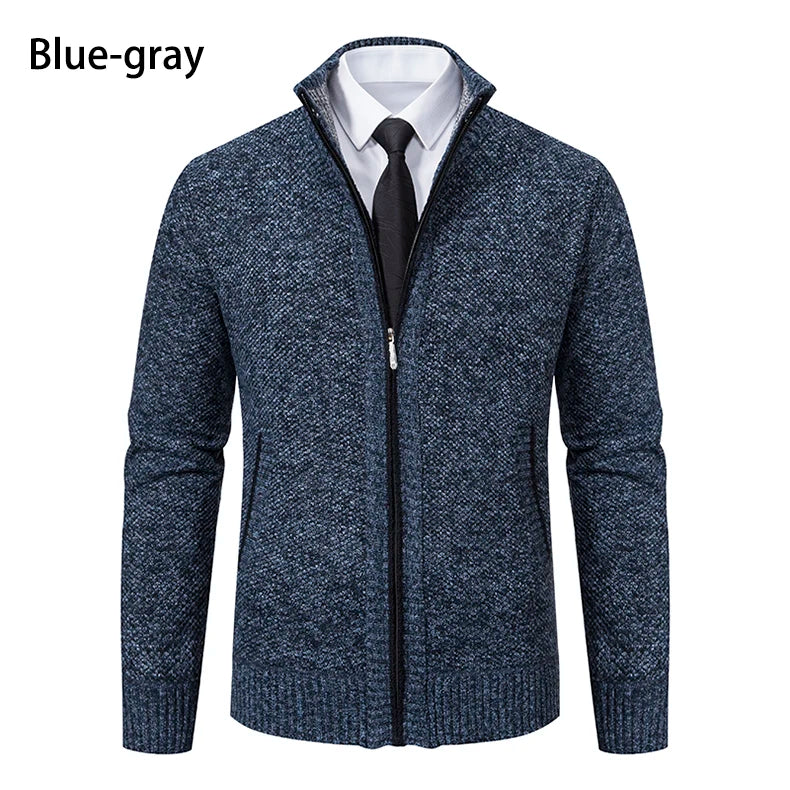 Autumn And Winter New Jersey Men's Casual Sports Coat Solid Color Stand Collar Wweater Grab Fleece Warm Zipper Cardigan Pi-Mart